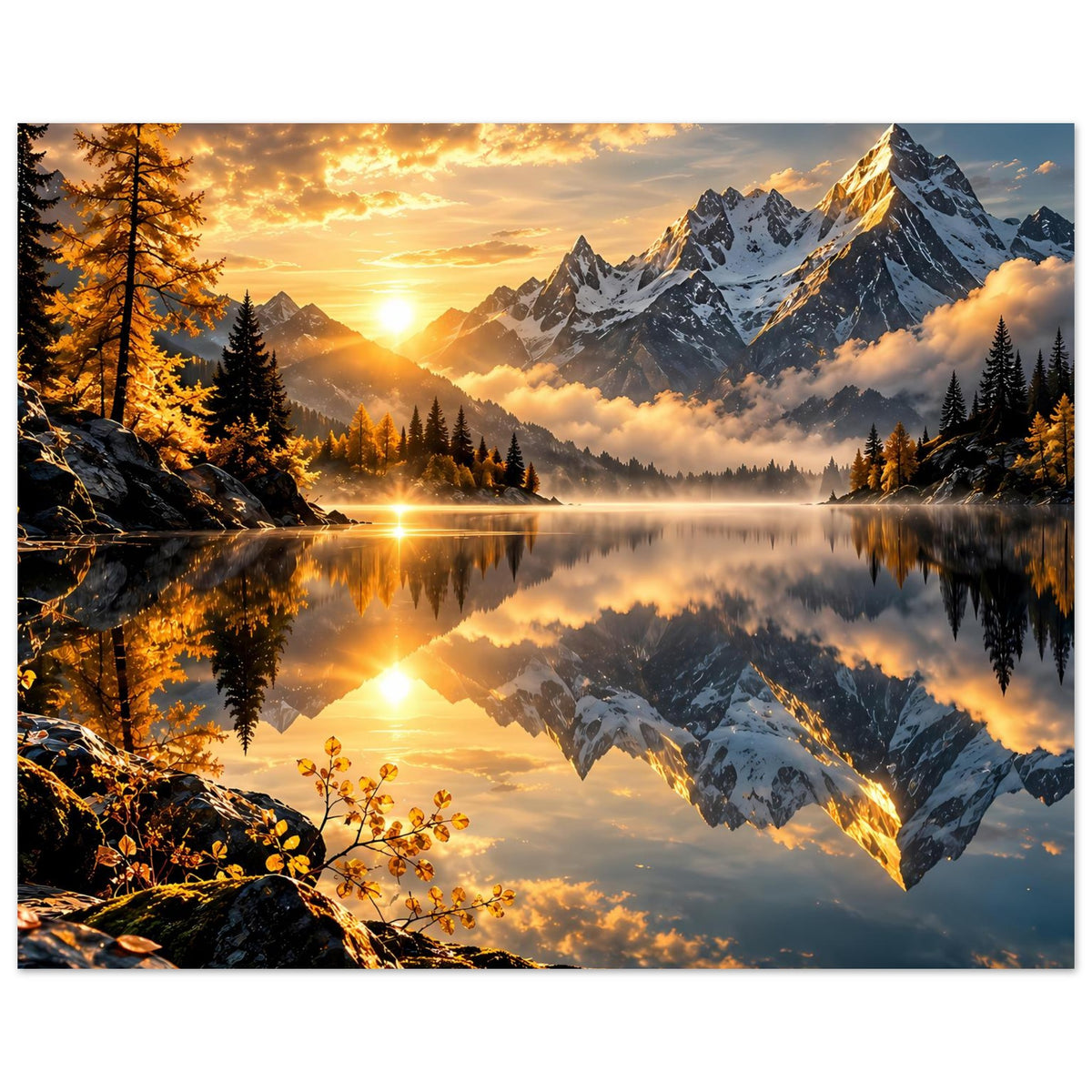 Wandposter mit Sonnenaufgang über Bergsee, goldenem Licht und Felsklippen unten