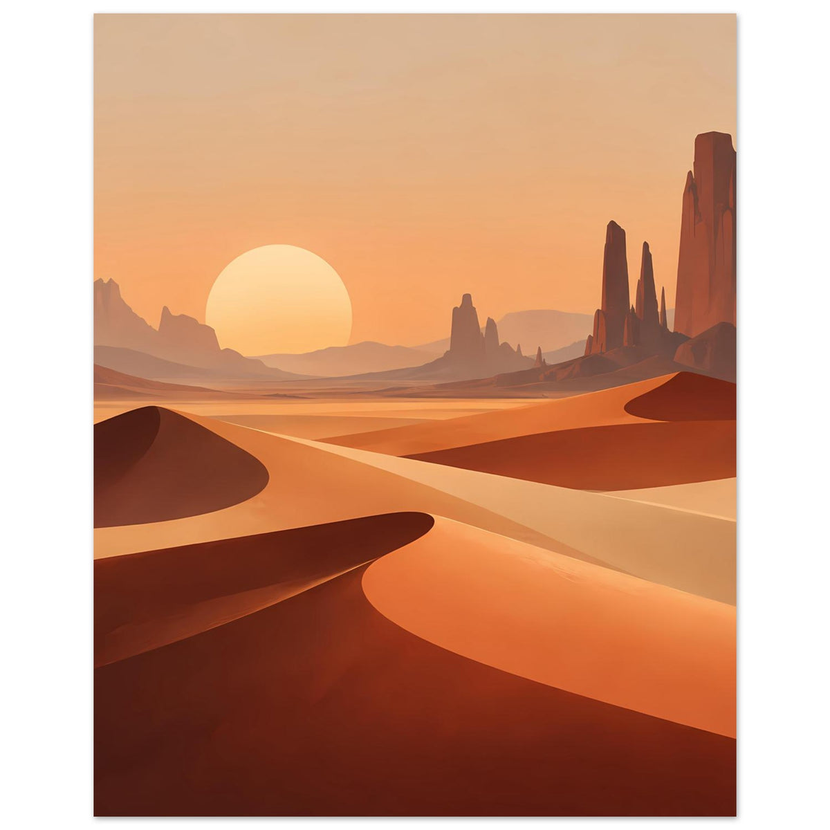 Minimalistisches Poster: Wüstenlandschaft mit großer Sonne, Dünenkämmen und Felsnadeln, orange