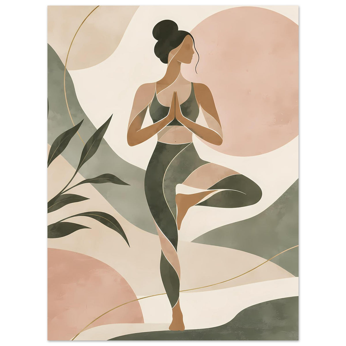 Poster mit abstrakter Yoga-Figur in Salbeigrün und Rosé