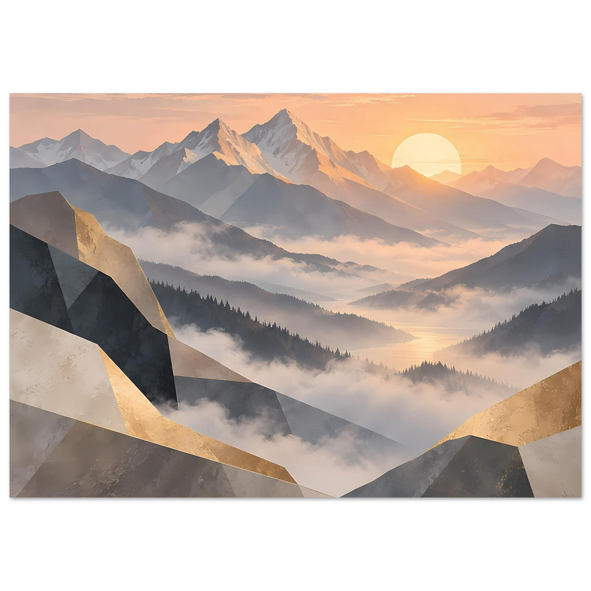 Horizontales Poster mit Sonnenaufgang über Bergkamm, Pastellpalette und goldenen Zierelementen