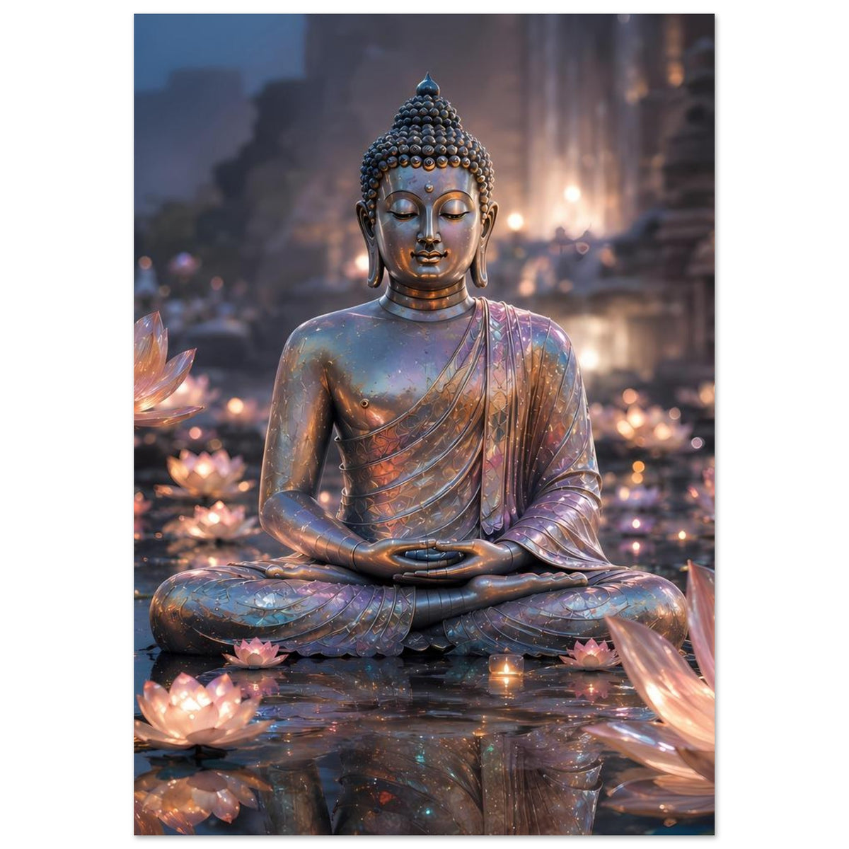 Vertikales Meditationsposter mit Buddha im Lotussitz und leuchtenden Lotusblüten