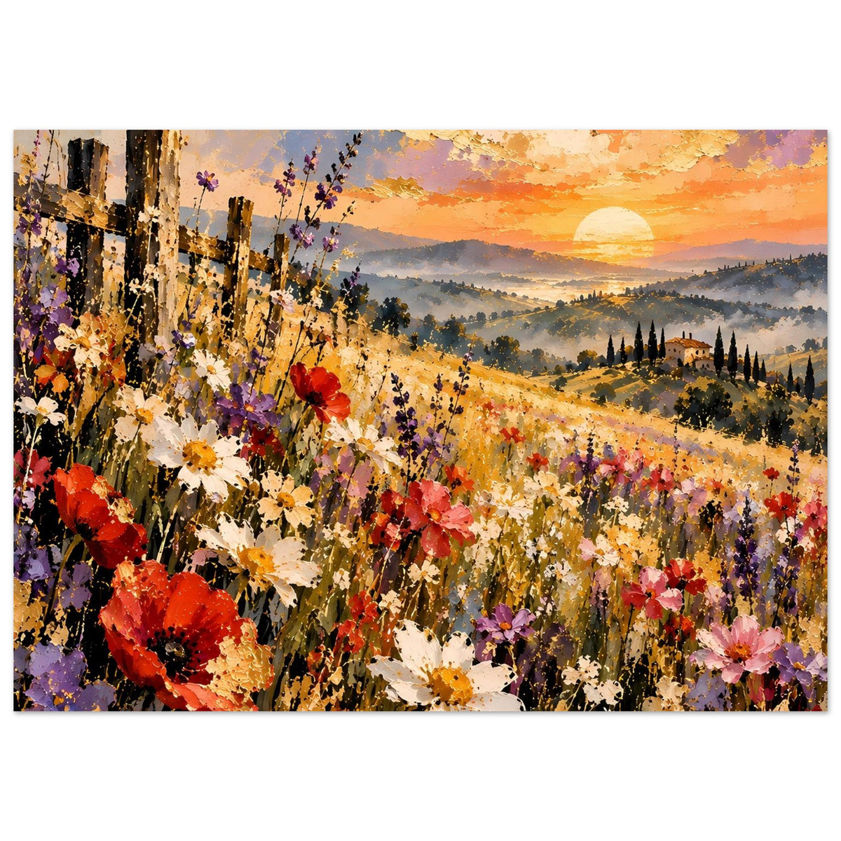 Landschaftsposter mit dichtem Blumenmeer, violetten Akzenten und goldener Abendsonne