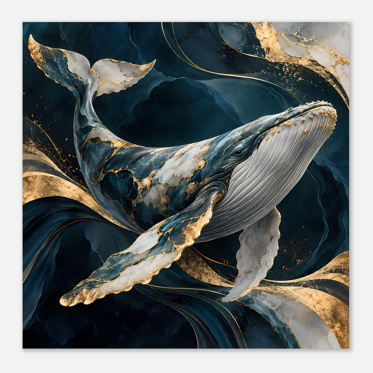 Quadratisches Poster mit Wal-Motiv in Blau, Weiß und Gold, abstrakter Hintergrund