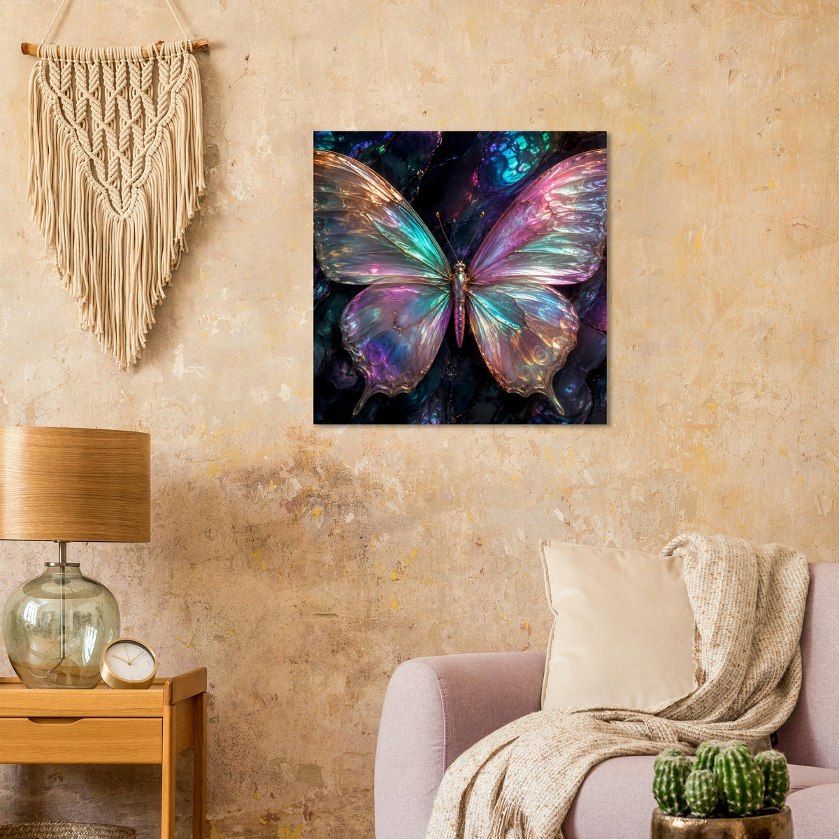 Schmetterling-Poster mit schimmernden Flügeln in Regenbogenfarben, mittig abgebildet.