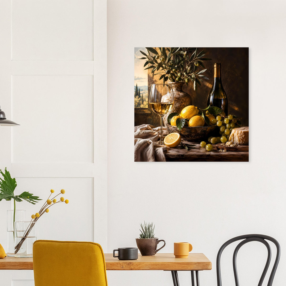 Poster mit Stillleben aus Zitrone, Trauben, Käse und Weinflasche.