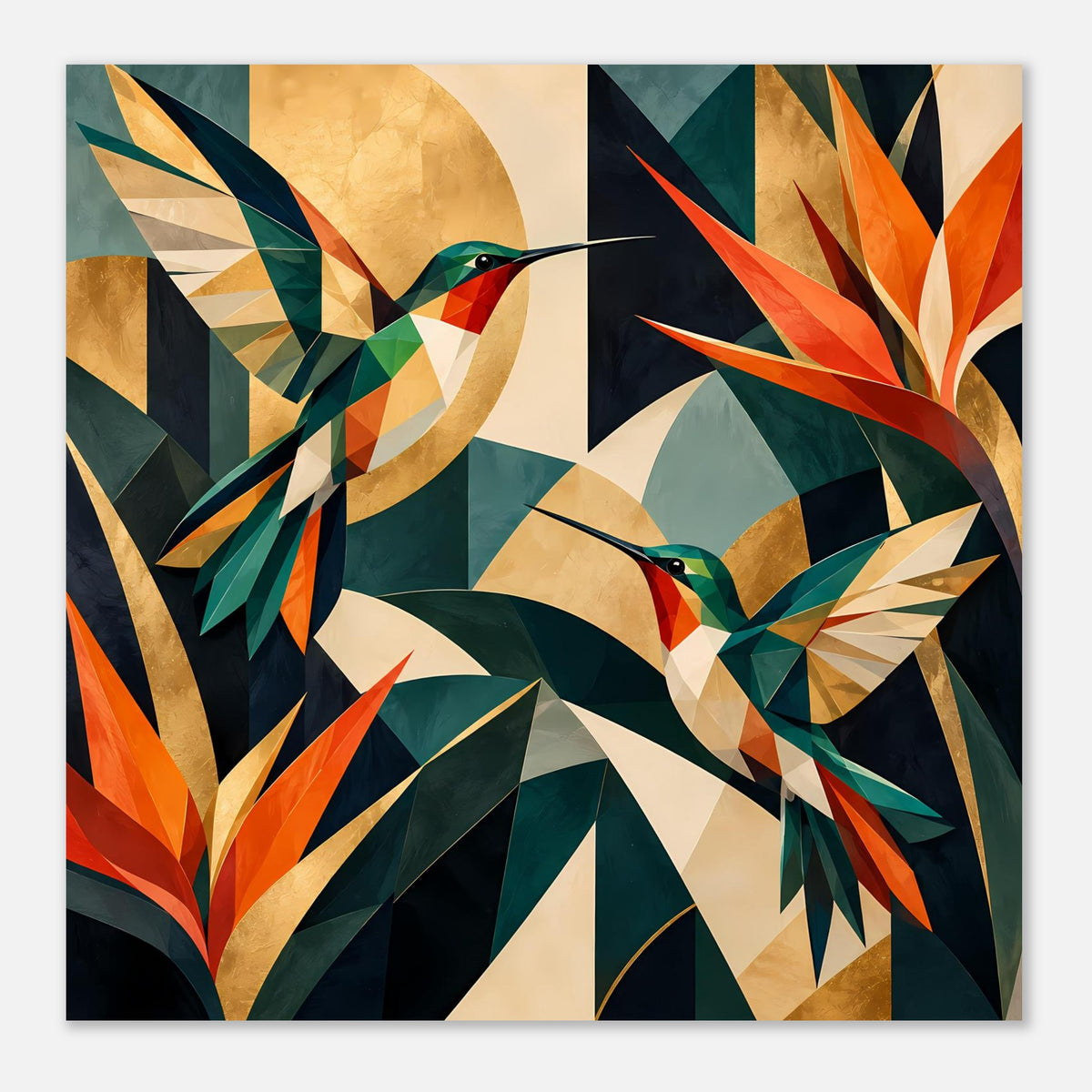 Quadratisches Kunstposter mit geometrischen Kolibris und tropischen Blättern, bunt