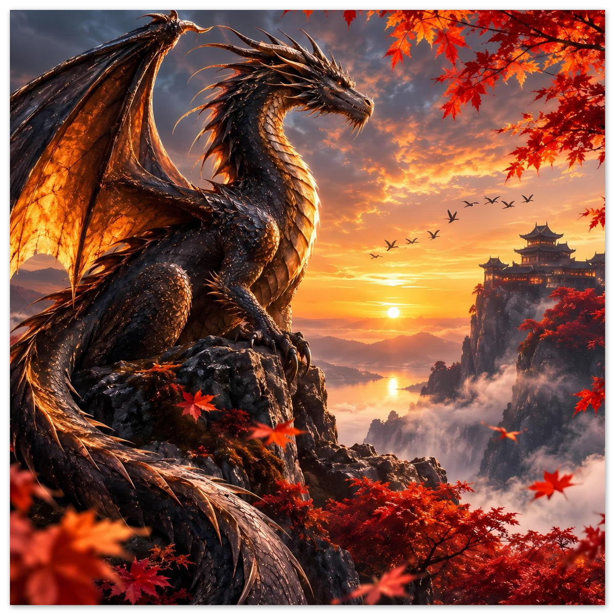 Drachenposter mit schwarzem Drachen, Pagode, Vogelgruppe am Himmel, rote Blätter im Sonnenuntergang