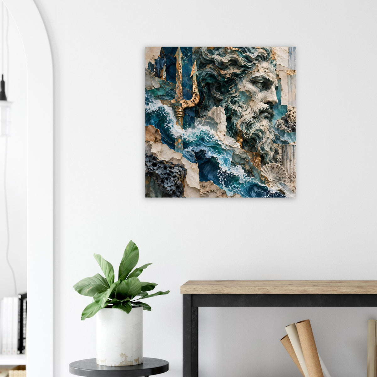 Mythologieposter mit Neptunprofil und Meeresschaum in Blau, Braun und Grün