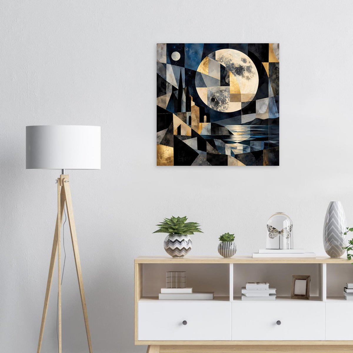 Geometrisches Poster mit Mond und abstraktem Nachtlandschaft-Motiv in Blau, Gold und Schwarz