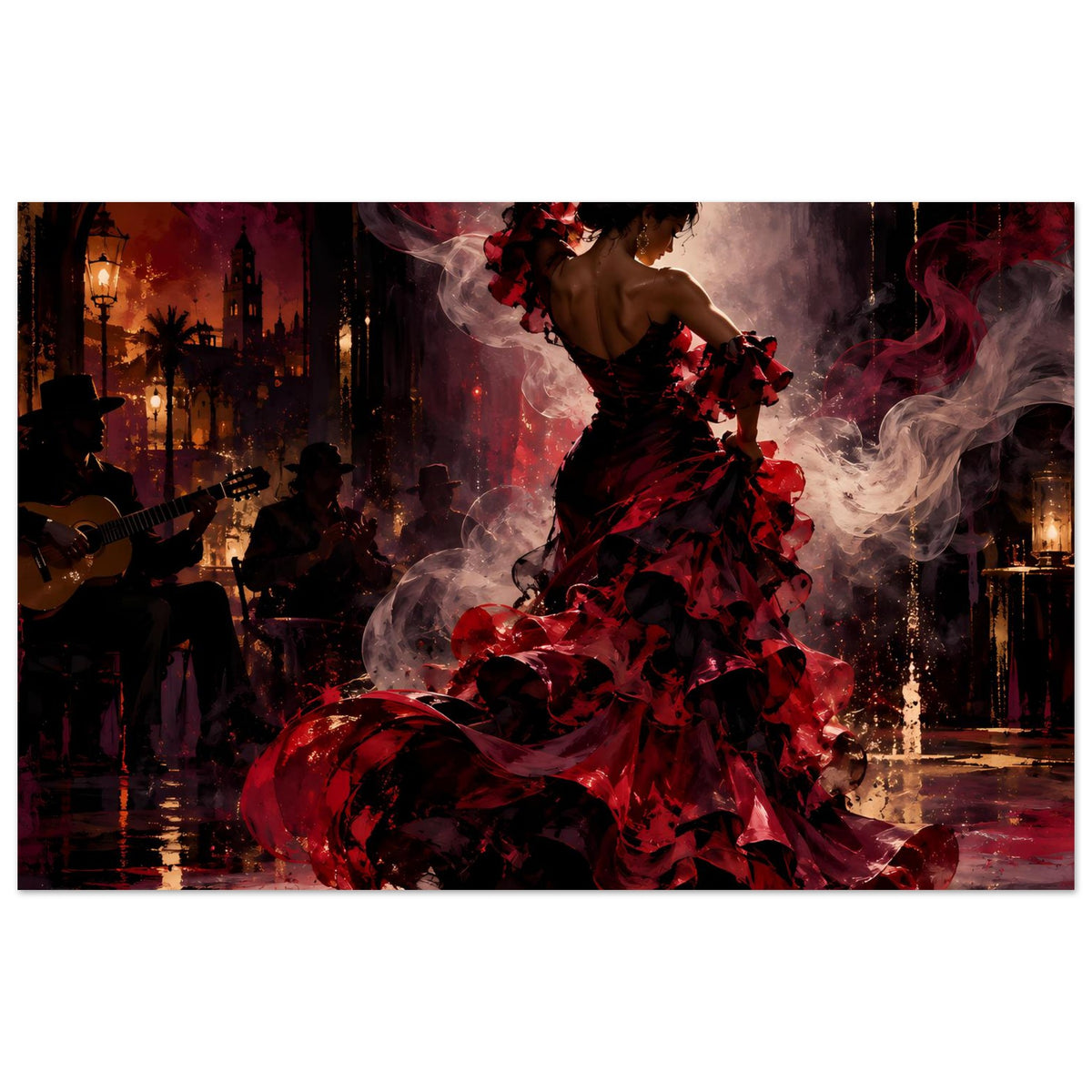 Poster im Querformat mit Flamenco-Tänzerin in rotem Kleid vor nächtlicher Szene