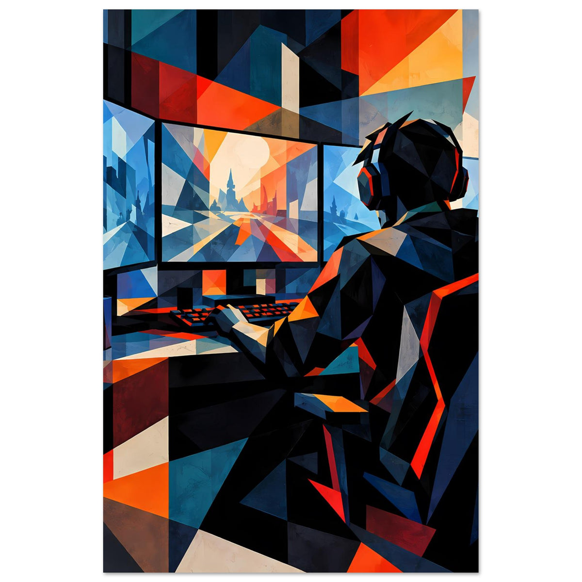 Gaming-Poster mit geometrischem Charakter in Schwarz und Kopfhörern, Blau/Orange und Tastatur-Elementen.