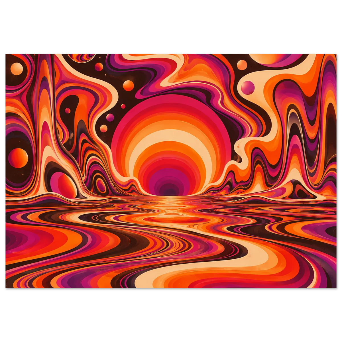 Nahansicht des Posters mit Kreislichtern, orange-lila Flusswellen und Sonnenring