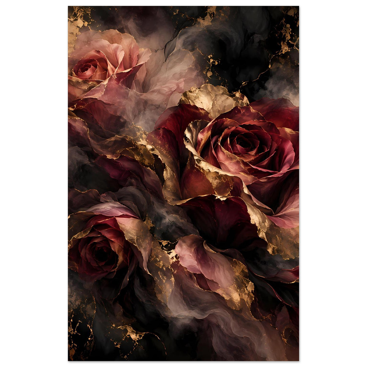 Hochformat-Poster mit Rosenmotiv in Dunkelrot und goldenen Sprenkeln