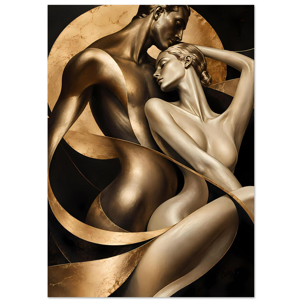Kunstposter mit gold- und bronzefarbenen Figuren, Fokus auf Oberkörper und Arme