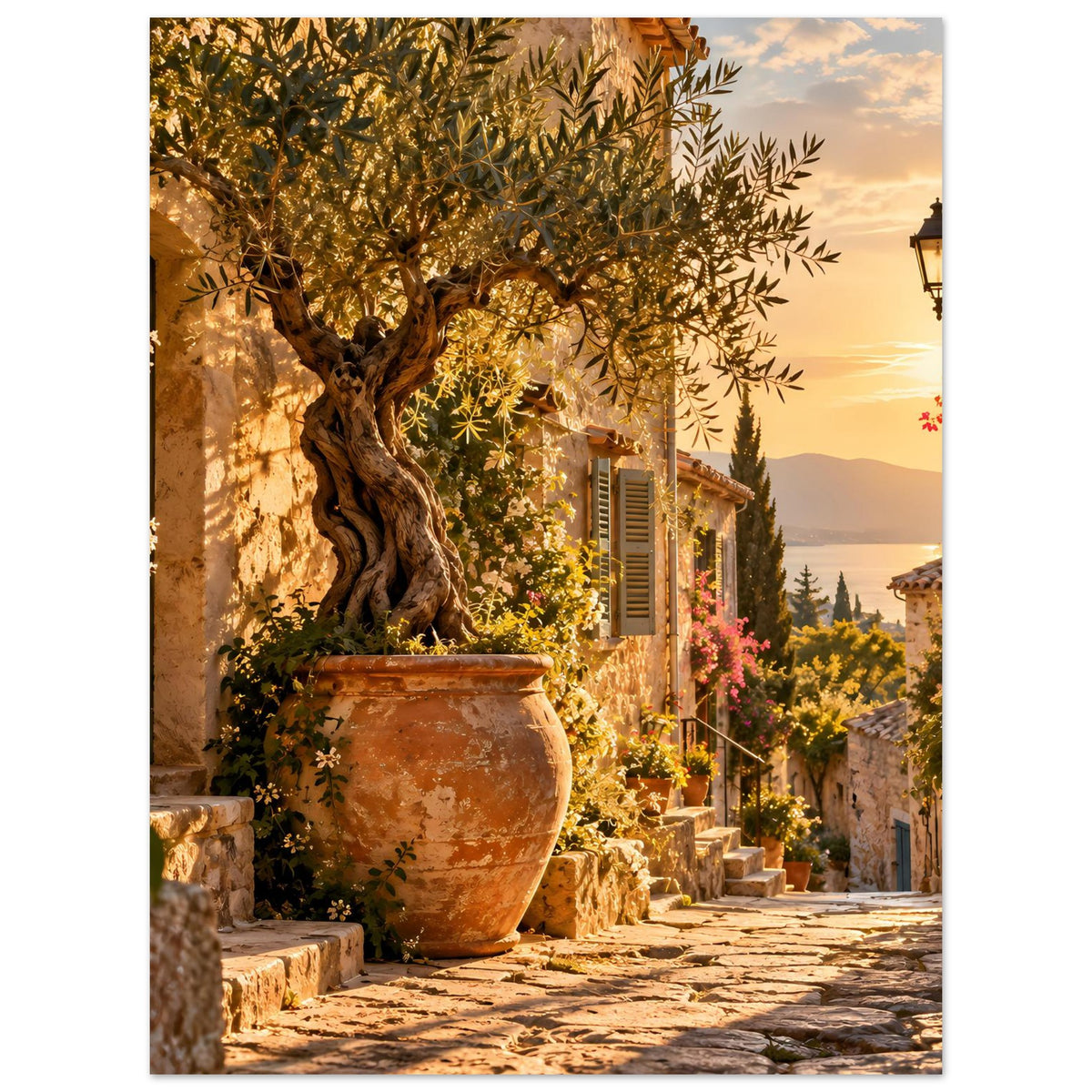 Mediterranes Poster: Olivenbaum über Steingasse mit Terrakotta-Vase, Laterne, Blüten