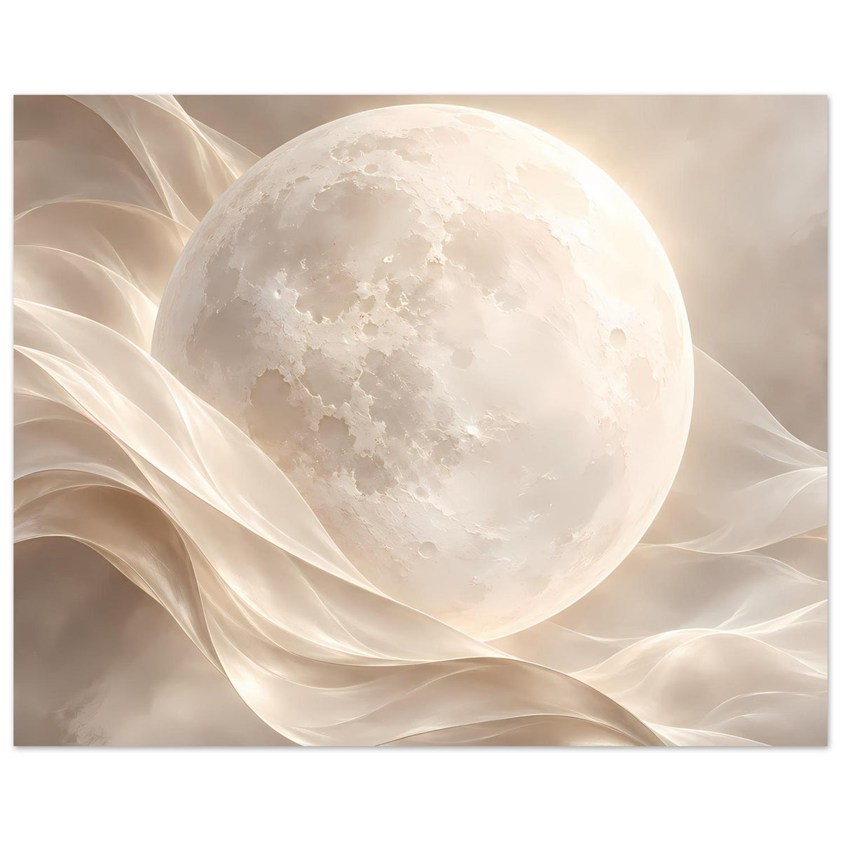 Poster im Querformat: großer Vollmond vor weichen, cremefarbenen Stoffwellen