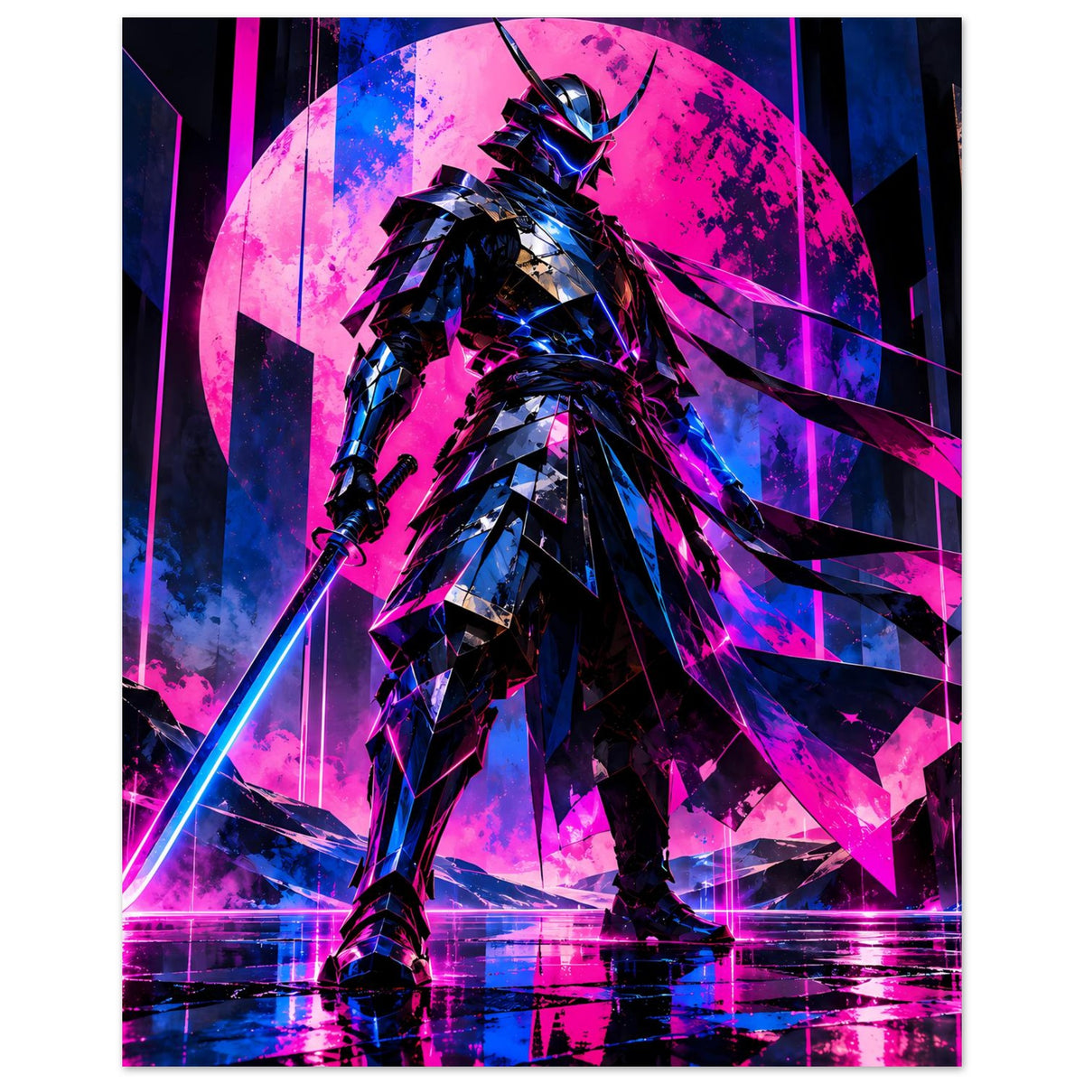 Poster mit futuristischem Samurai-Krieger, neon pink und blau, komplette Silhouette