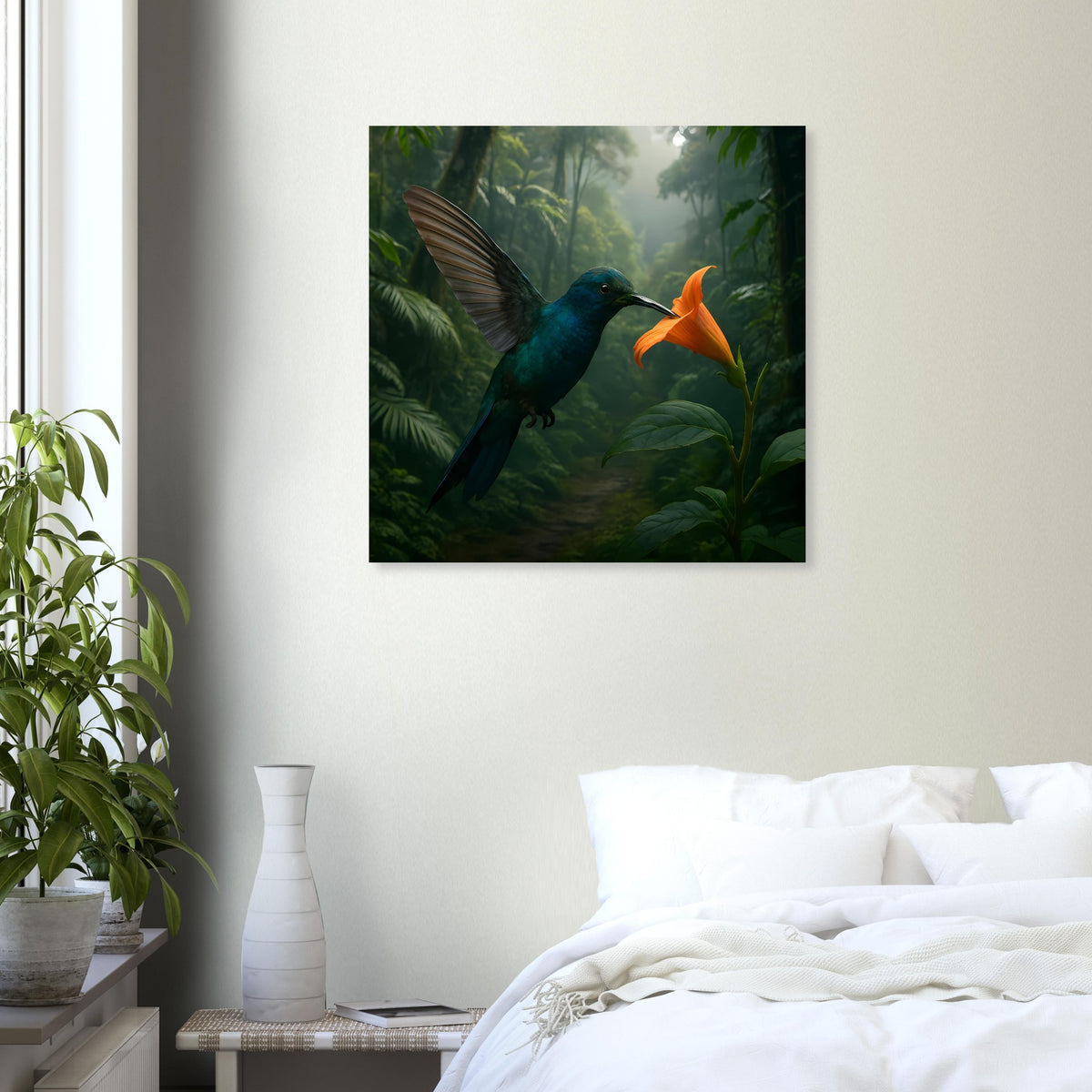 Dschungel-Poster mit quadratischem Motiv: blauer Vogel und orangefarbene Blüte im Wald