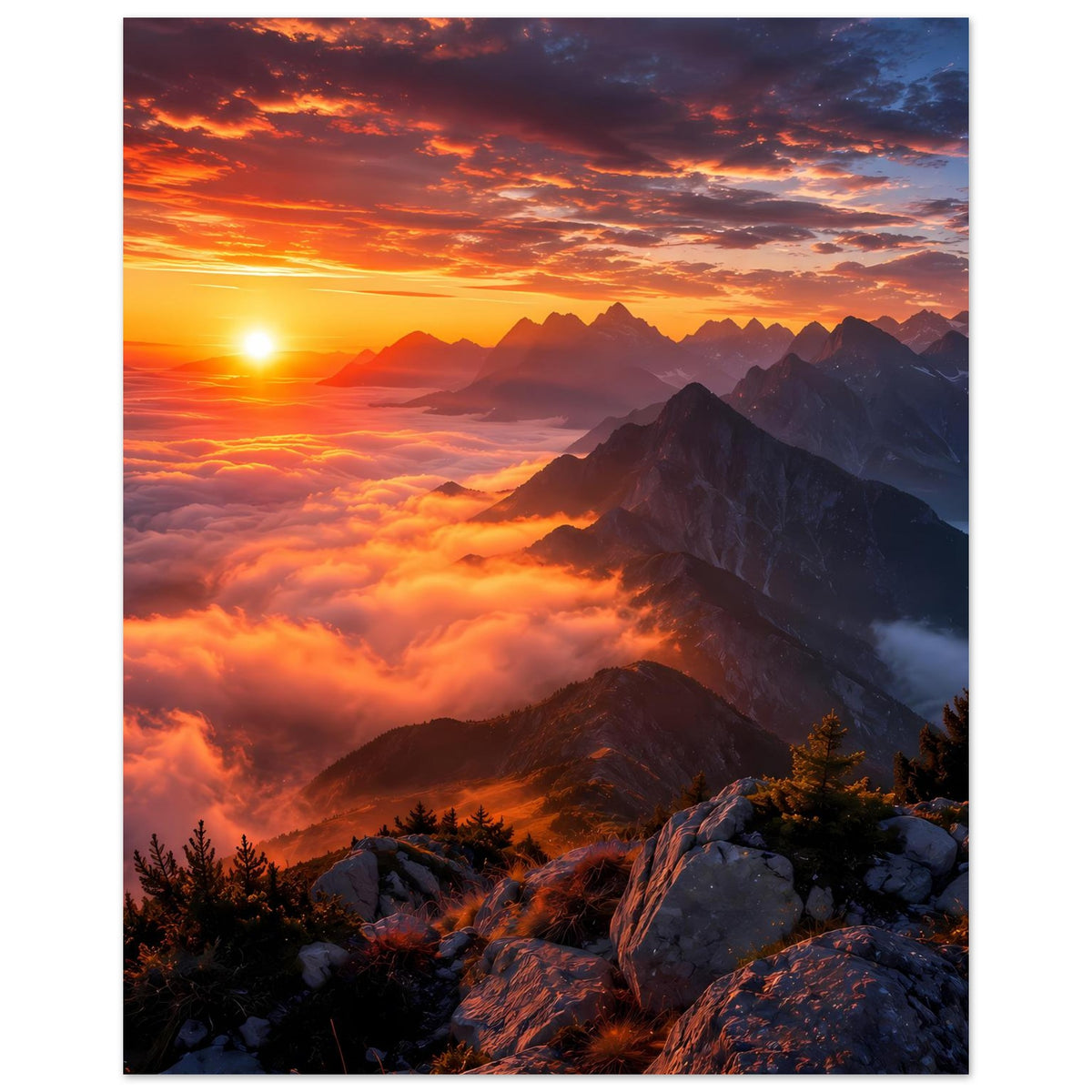 Wandposter (Hochformat) mit Sonnenuntergang über Bergkette, Wolken und Fichten