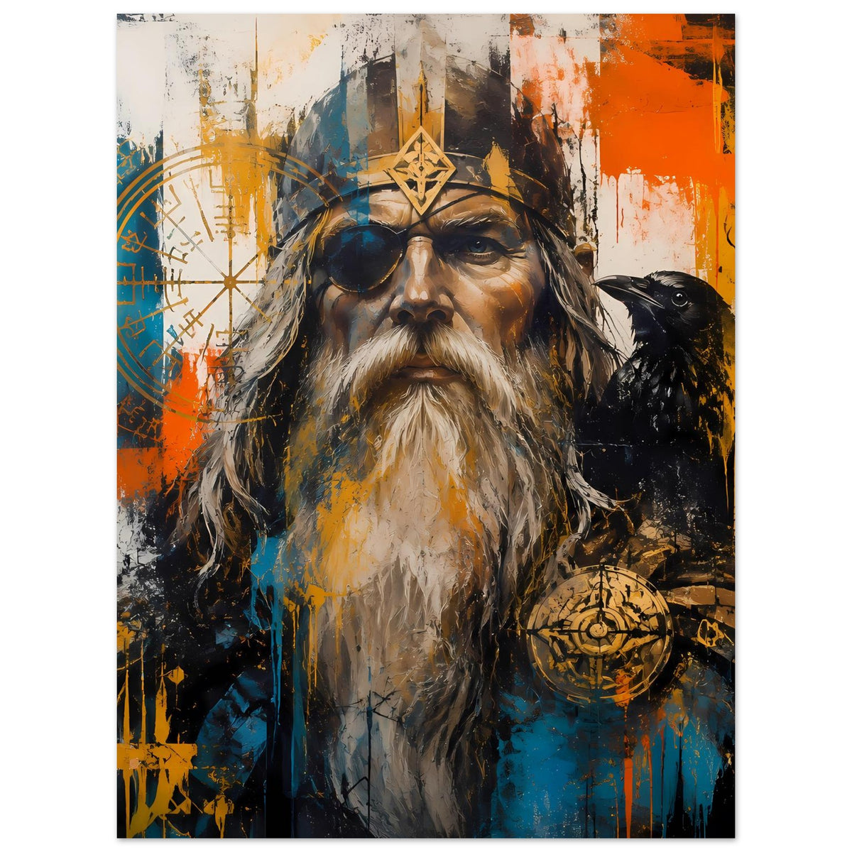 Poster mit Wikinger-Gesicht, Augenklappe und Rabe, detaillierter Bart in Blau-Orange