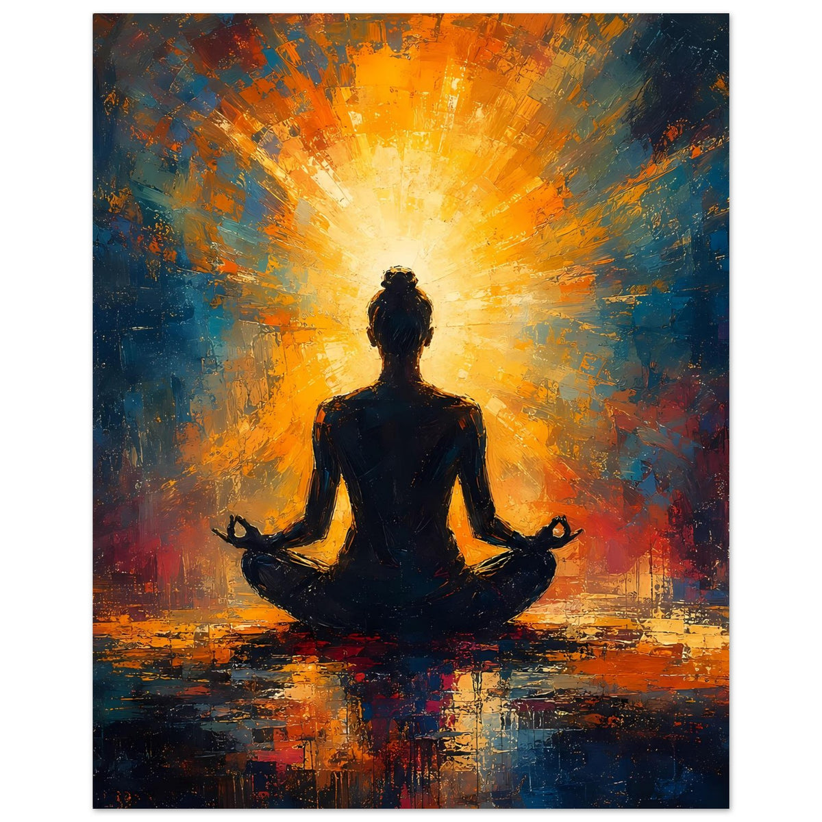 Hochkant-Poster: sitzende Meditationssilhouette vor strahlendem orange-gelbem Licht und blauroten Akzenten
