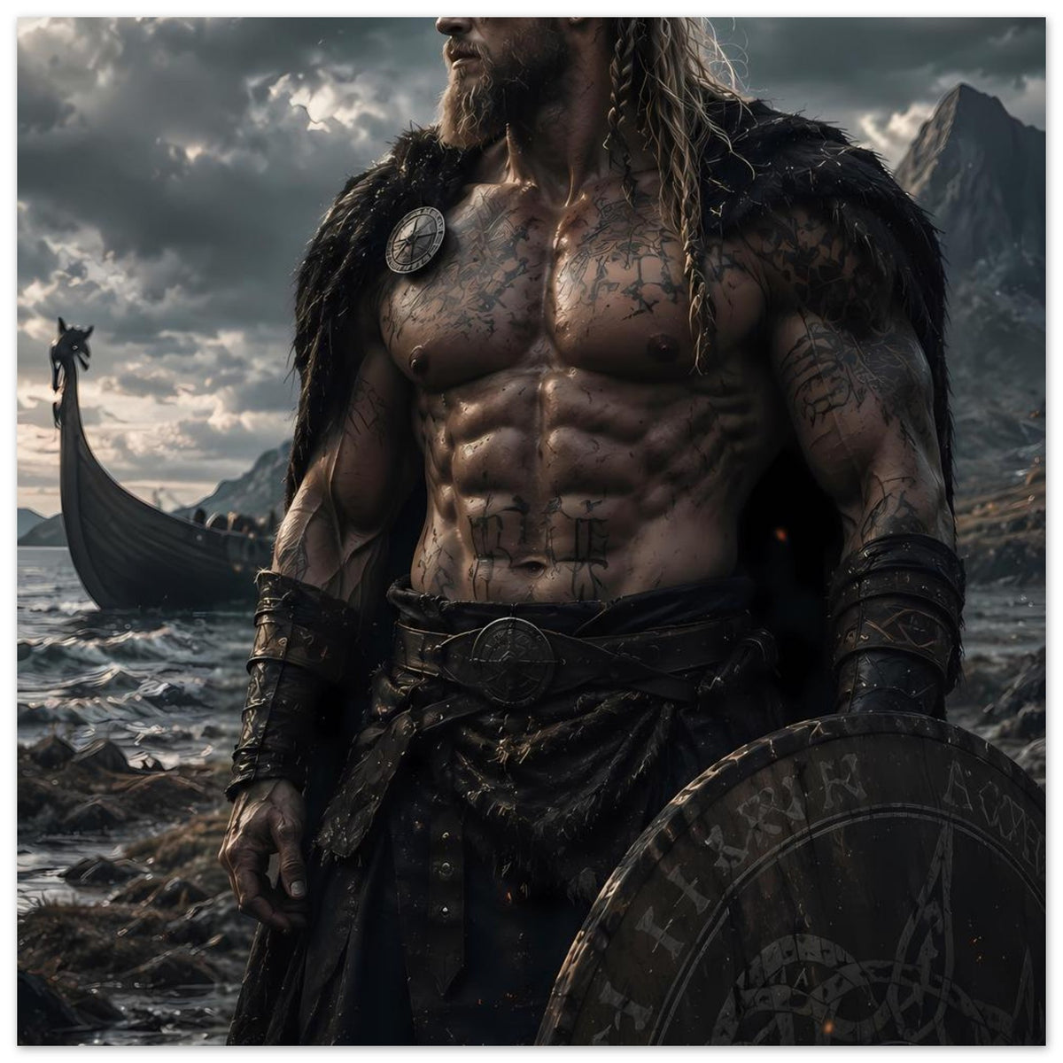 Fantasy-Wikingerkrieger-Poster: muskulöser Mann mit Schild, Tattoos und Fellmantel, dunkle Farbgebung