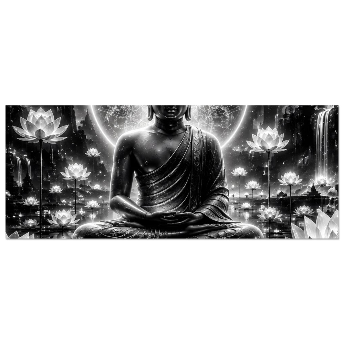 Horizontales Buddha-Poster: sitzender Buddha, leuchtender Ring, Lotusblüten