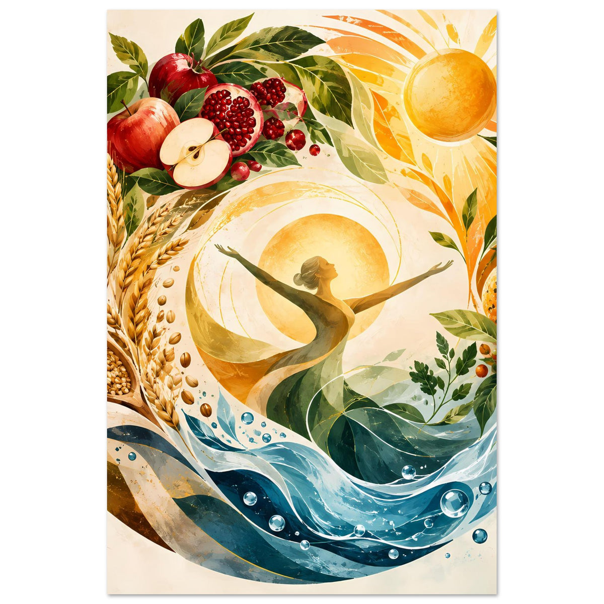 Hochformatiges Naturposter mit Sonne, Wasserwellen, Weizenähren, Orangen und Beeren