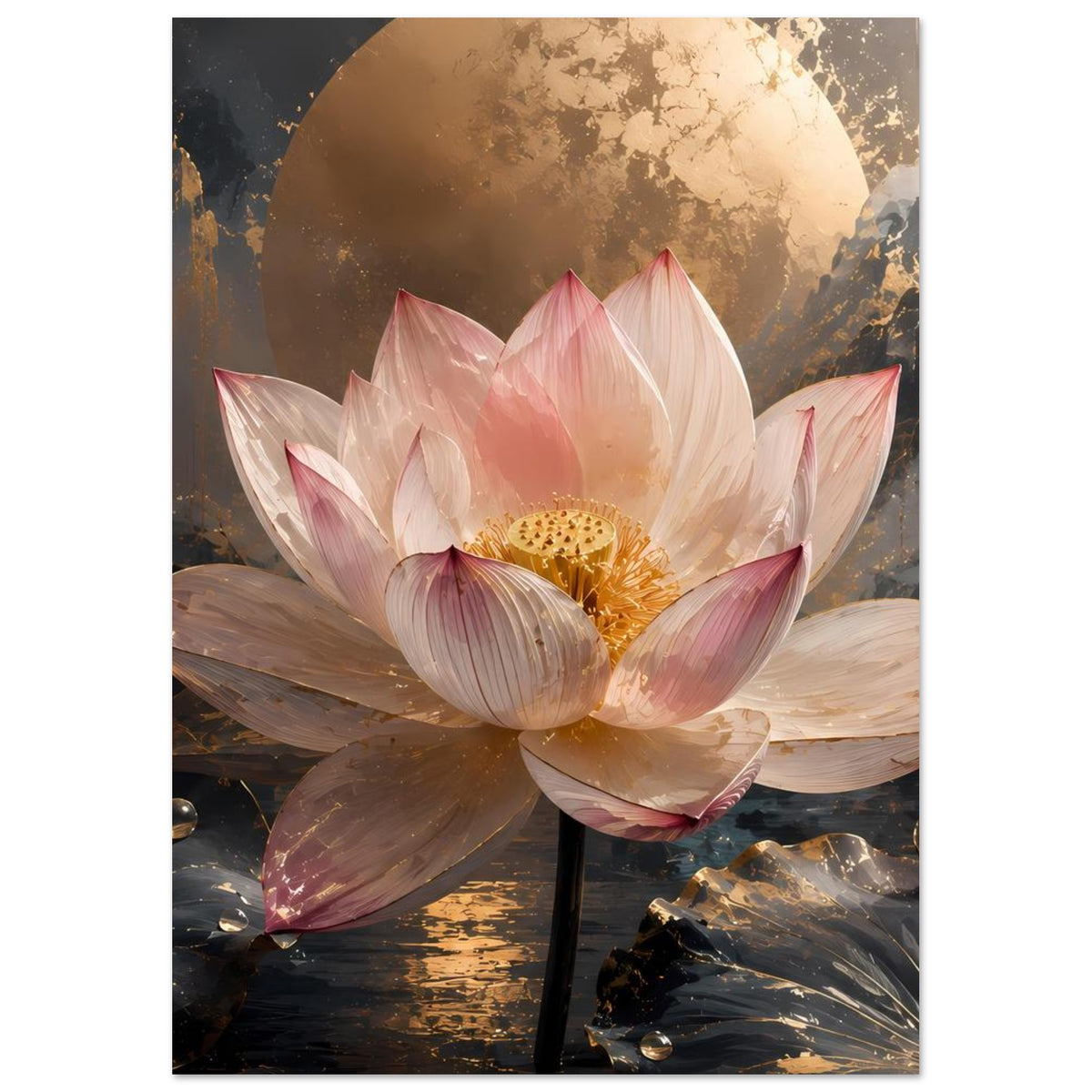 Poster mit rosa Lotusblüte, goldener Mitte und goldenem Mond im Hintergrund