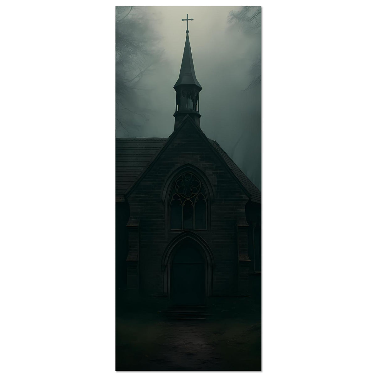 Poster, hochformat: dunkle Kapelle mit Turmkreuz und großem Rundbogenfenster