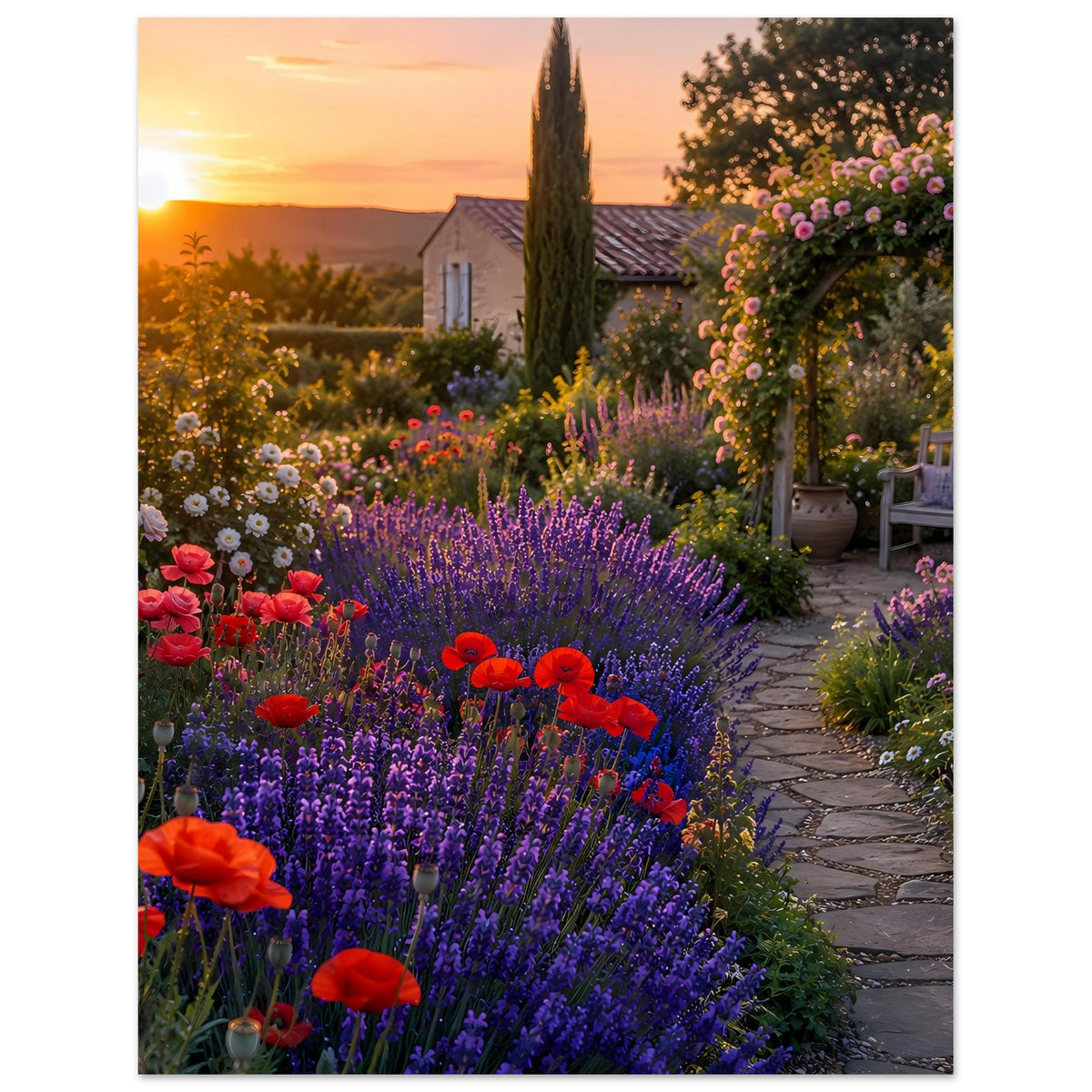 Gartenposter mit Blumenbeet und Weg im Garten bei Sonnenuntergang, violetter Lavendel im Fokus