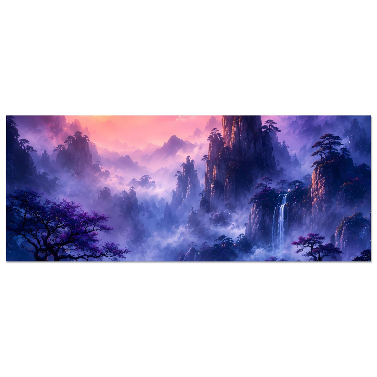 Horizontales Fantasy-Poster: Sonnenuntergang über nebligem See, Wasserfall und hohe Bäume