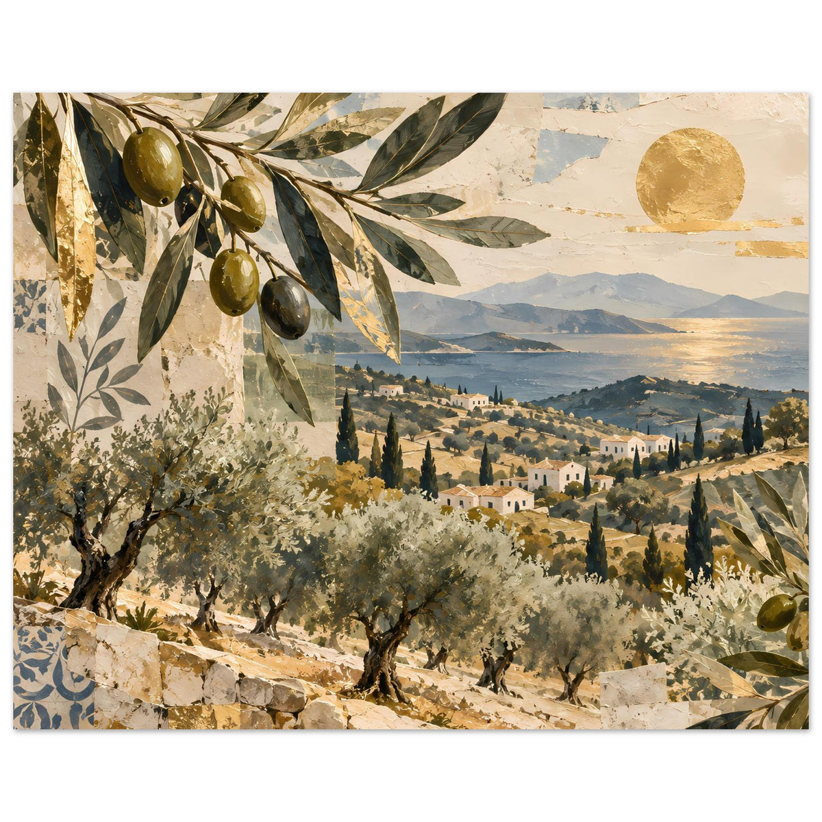 Mediterranes Olivenhain-Poster, querformatig: Olivenzweige vor Landschaft mit Hügeln und Sonne