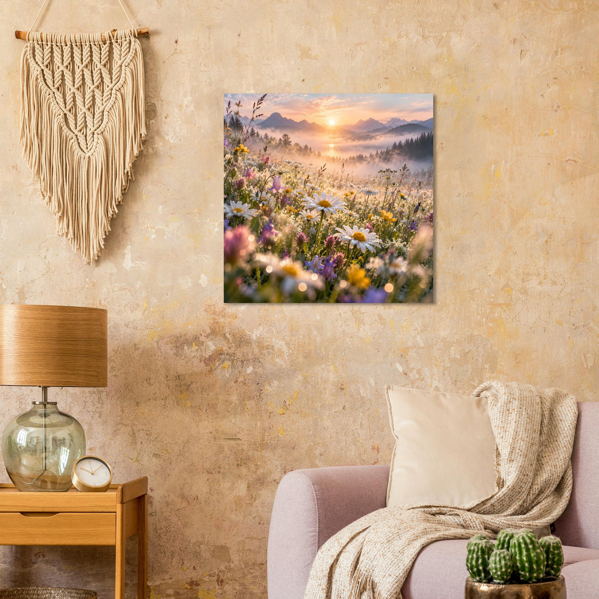 Quadratisches Poster mit Wildblumenfeld und Sonnenaufgang im Rahmen