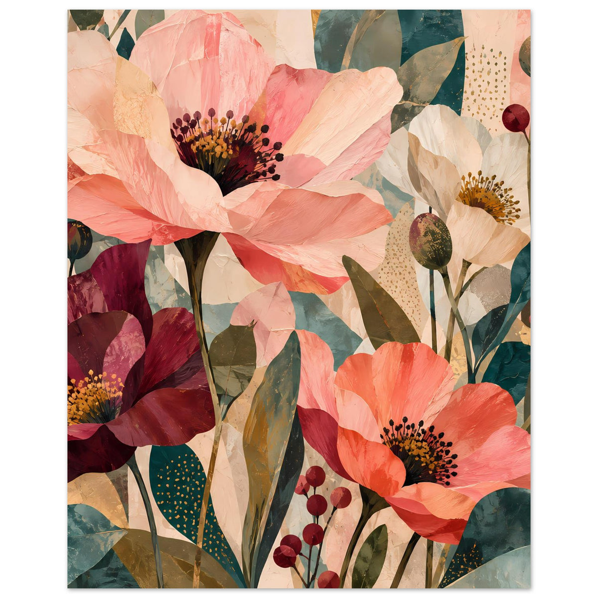 Kunstposter mit großen Blüten in Korallrosa und Burgunder, zartem Creme-Hintergrund