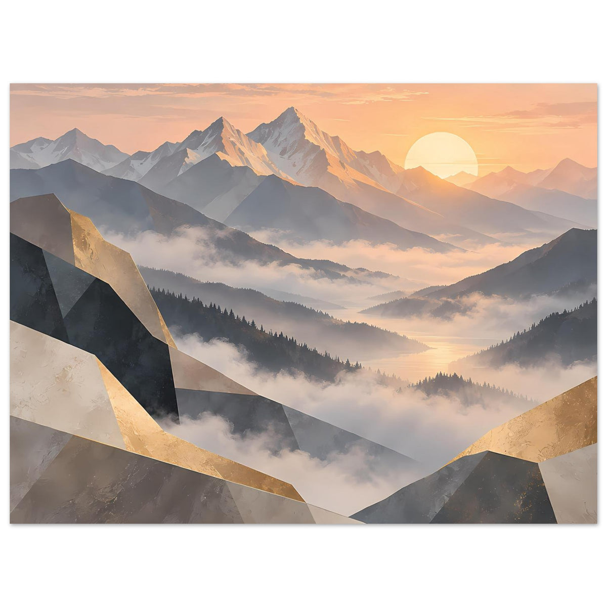 Poster im Querformat mit Bergkämmen und Nebel, Pastellfarben und goldenen Dekorlinien