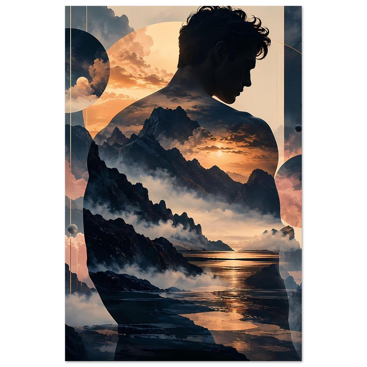 Poster im Hochformat: Mannsilhouette vor Bergkette und Meeresglanz im Sonnenuntergang