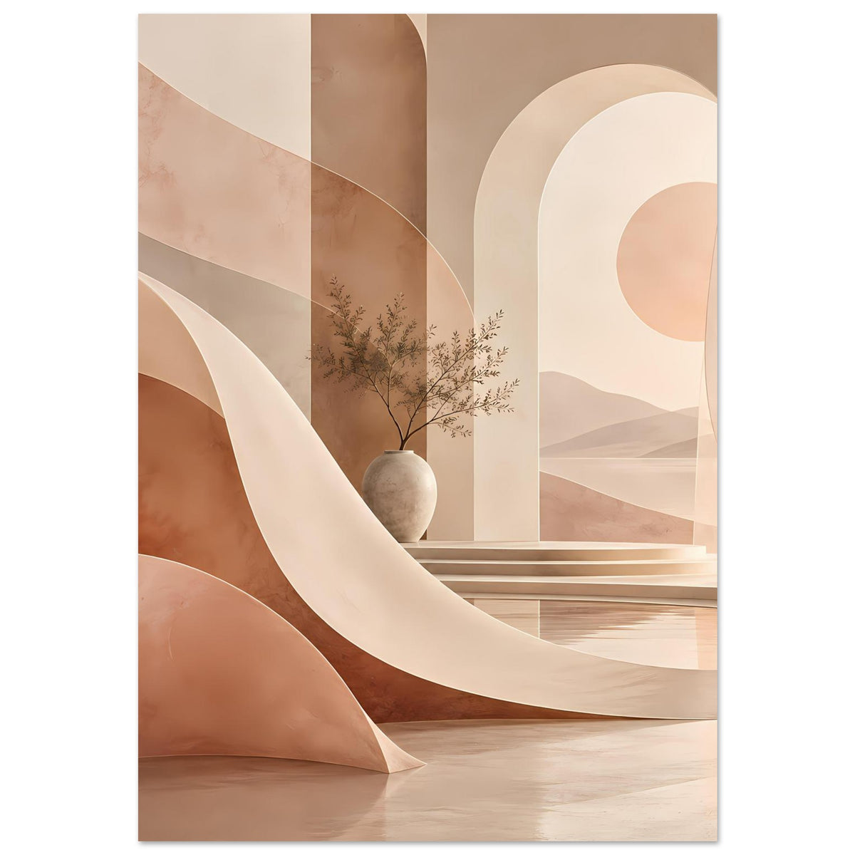 Abstraktes Poster (Hochformat) mit Bogen-Formen in Beige und Terrakotta, Vase mit Zweigen