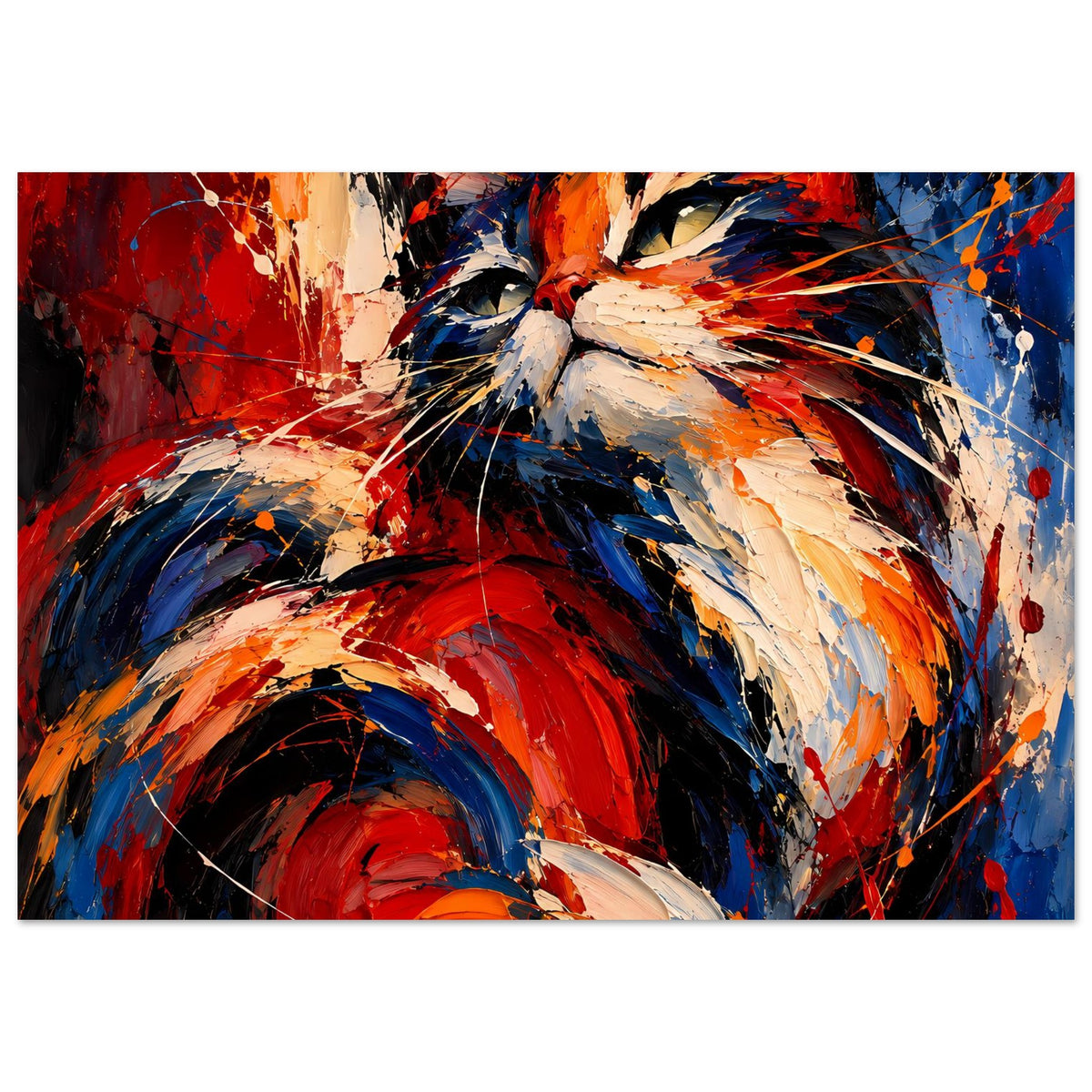 Abstraktes Katzen-Poster mit farbintensiven Pinselstrichen in Rot, Blau und Weiß