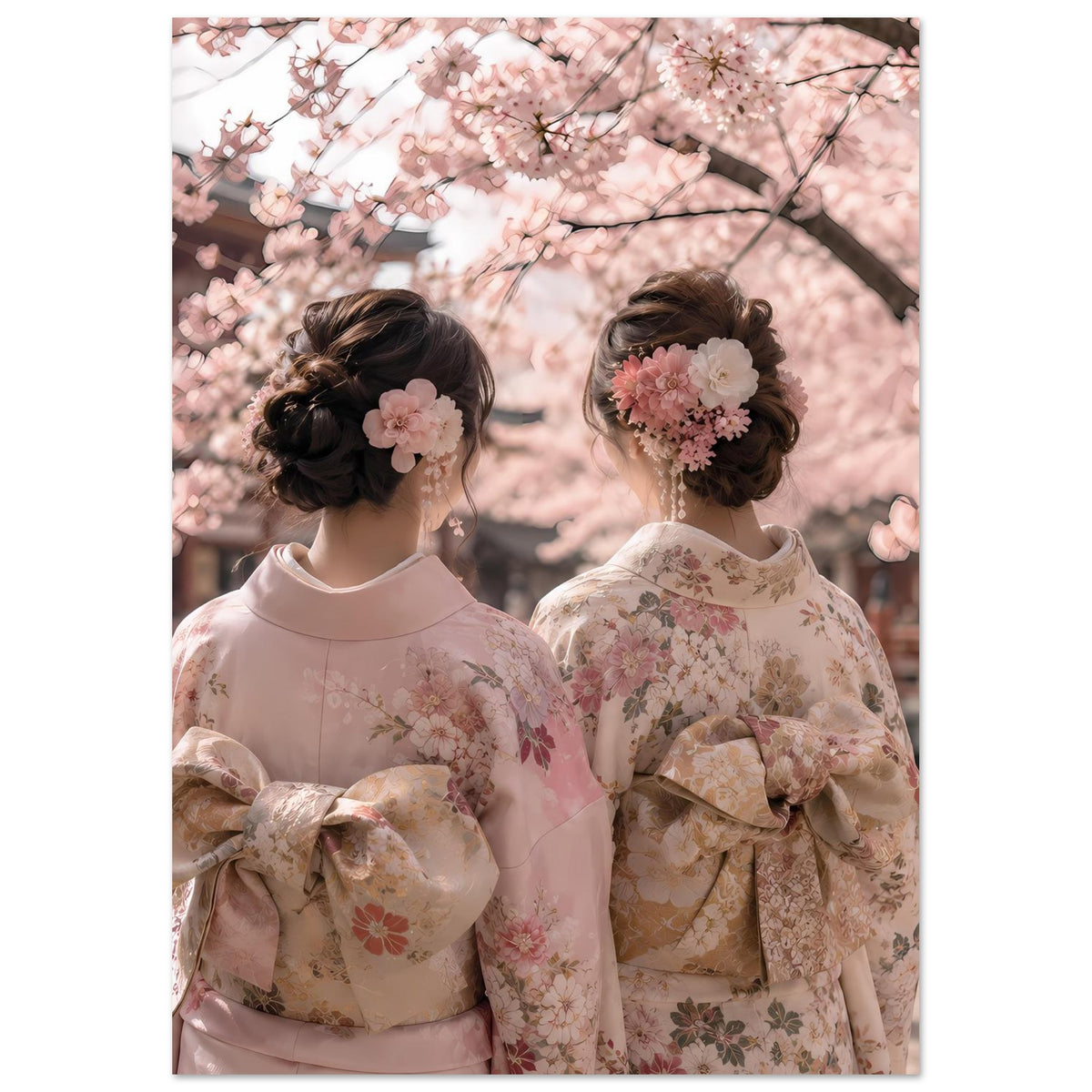 Poster mit Kimono-Motiv, zwei Personen in Pastellgewändern mit Kirschblüten, gerader Zuschnitt