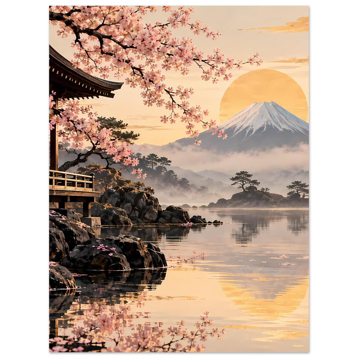 Sakura-Poster im Hochformat: Felsen am See, Kirschblüten unten, Fuji und goldene Reflexion.