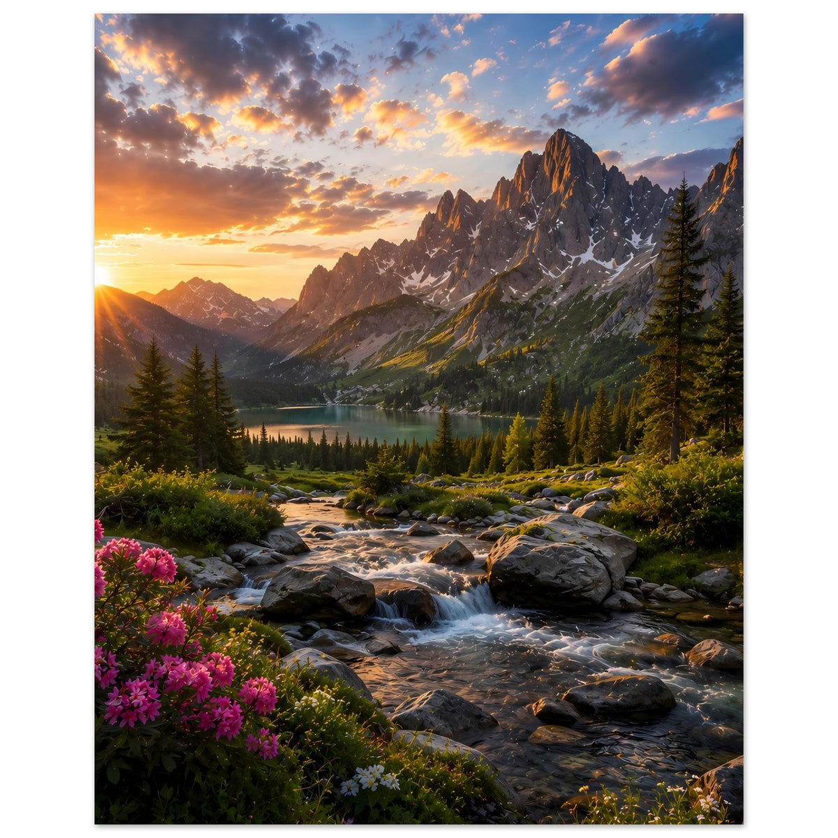 Kunstposter im Hochformat mit Sonnenaufgang über Bergspitzen, See, Bachlauf und Nadelbäumen