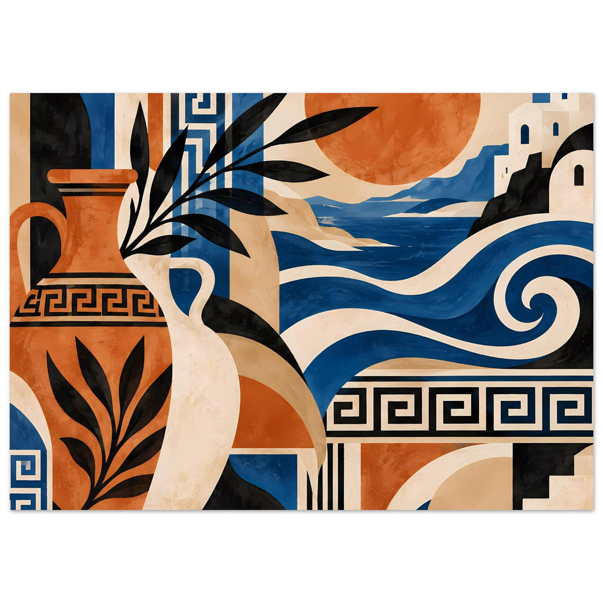 Mediterraner Kunstposter im Querformat: Meerwellen, Sonne, schwarze Blätter und Vase