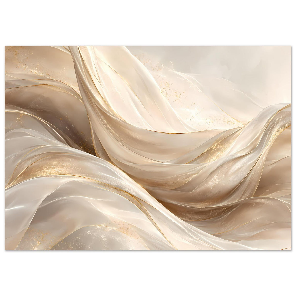 Abstraktes Leinwand-Poster mit cremigen Stofffalten und goldenen Akzenten, horizontal