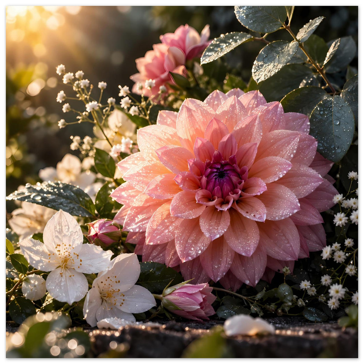 Blumenposter mit rosafarbener Dahlie, weißen Blüten und grünen Blättern mit Tau