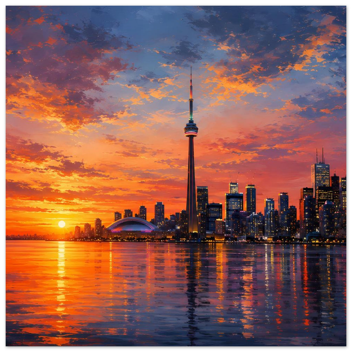 Poster mit Skyline im Abendhimmel, hoher Fernsehturm und Lichtreflexionen