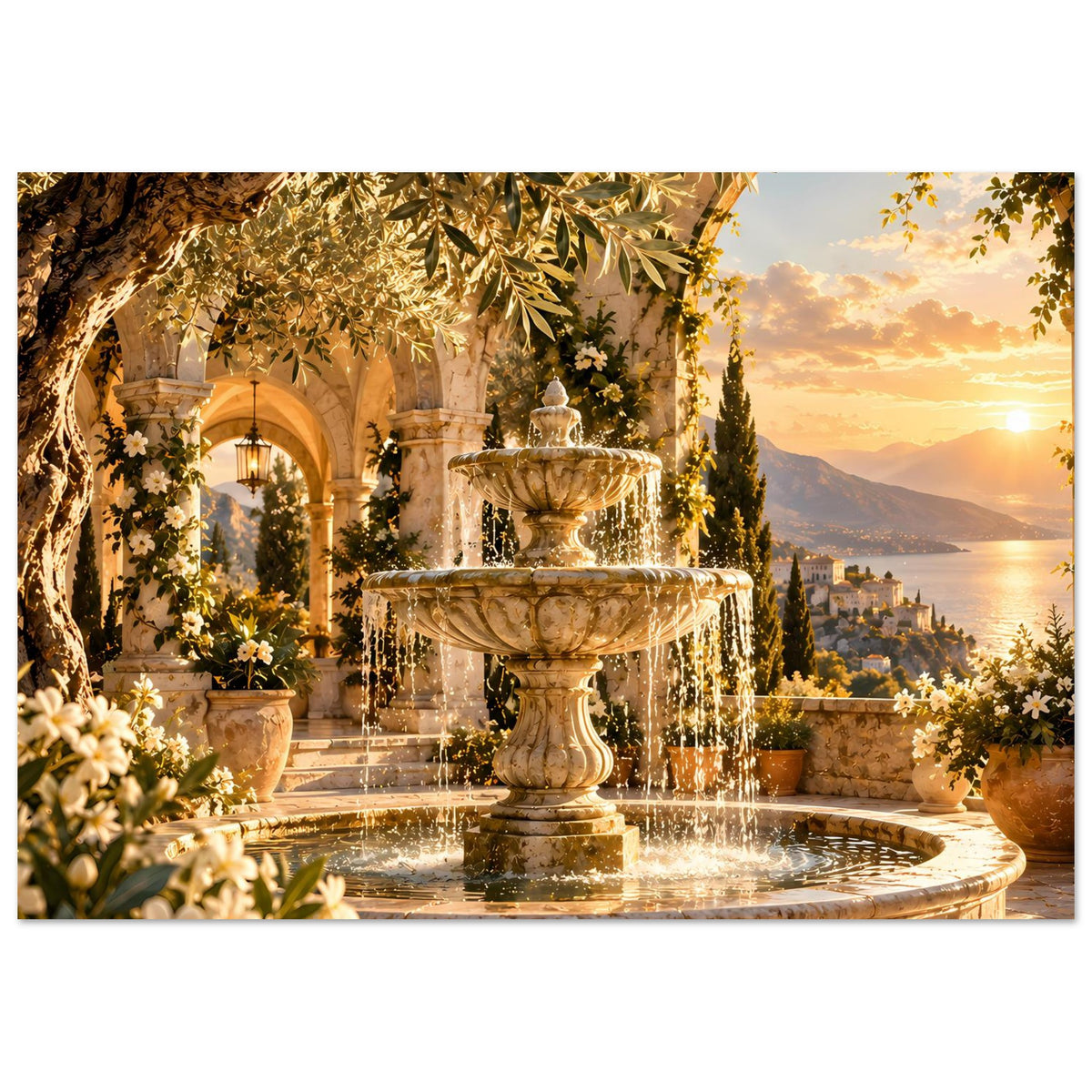 Querformat-Brunnen-Poster: Springbrunnen mit Wasserstrahlen, Kübelpflanzen und goldene Blätter
