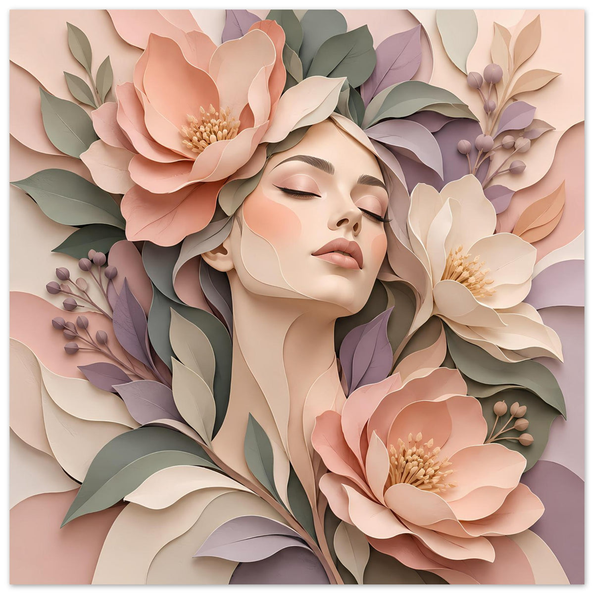 Florales Portrait-Poster mit liegender Frau mit geschlossenen Augen, Pastellblumen und Blättern