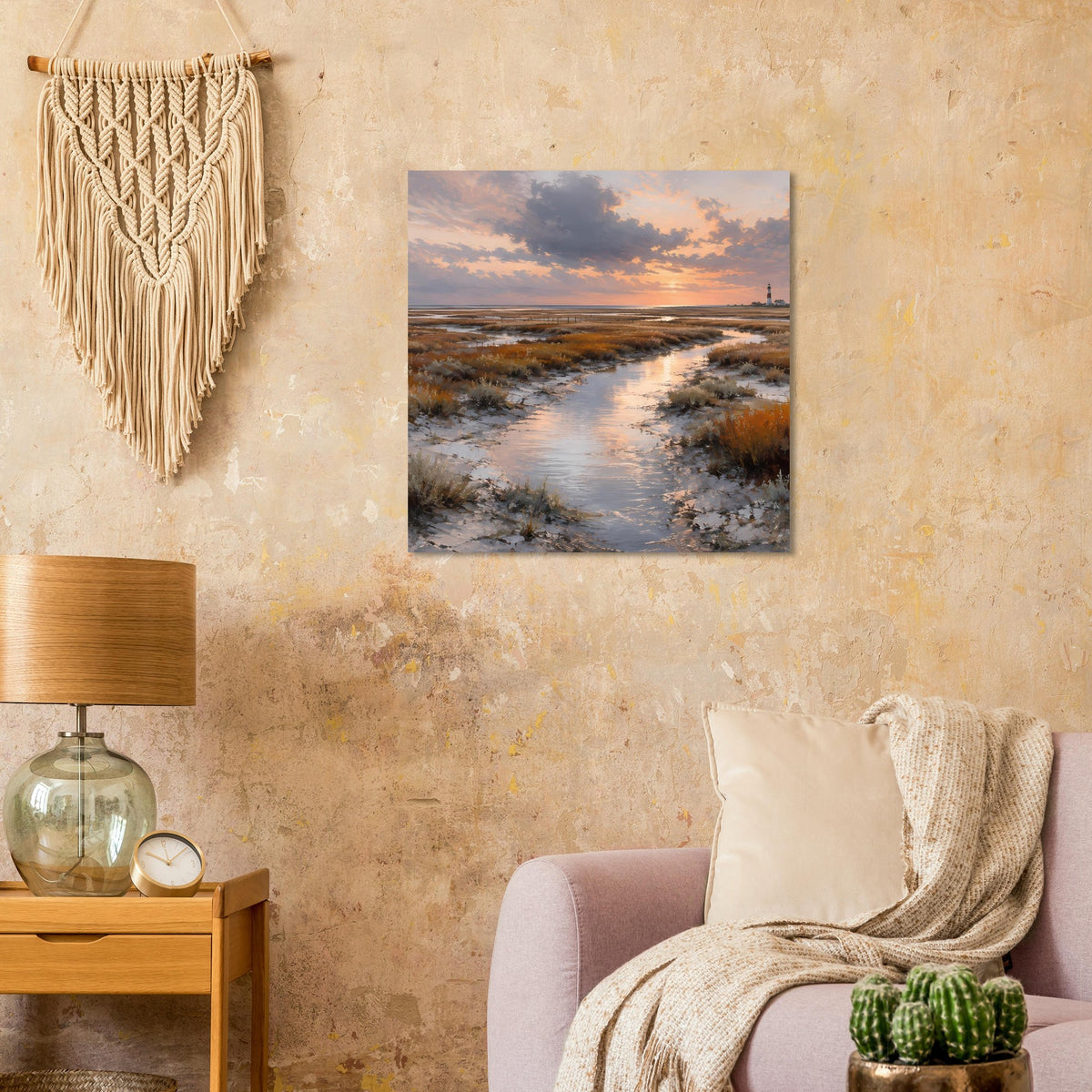 Rechteckiges Poster mit Leuchtturm im Abendlicht, Dünenlandschaft mit Wasserkanal