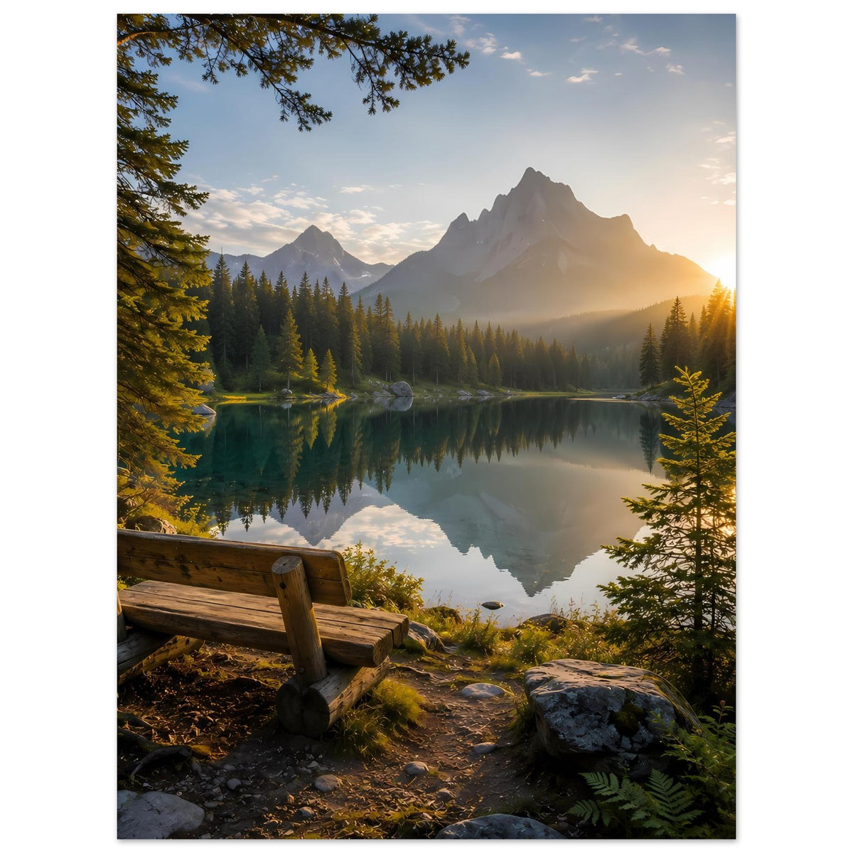 Landschaftsposter im Hochformat: Berge, Bergsee bei Sonnenuntergang und Fichten